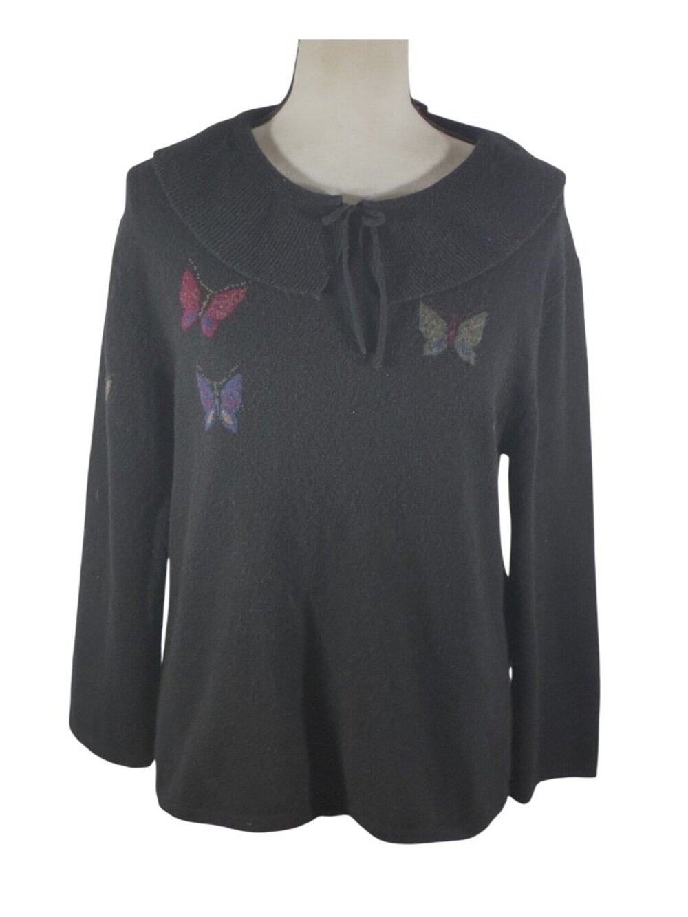 Amore Black Cashmere Sweater intarsia Butterfly Tie Neck Detail Size L